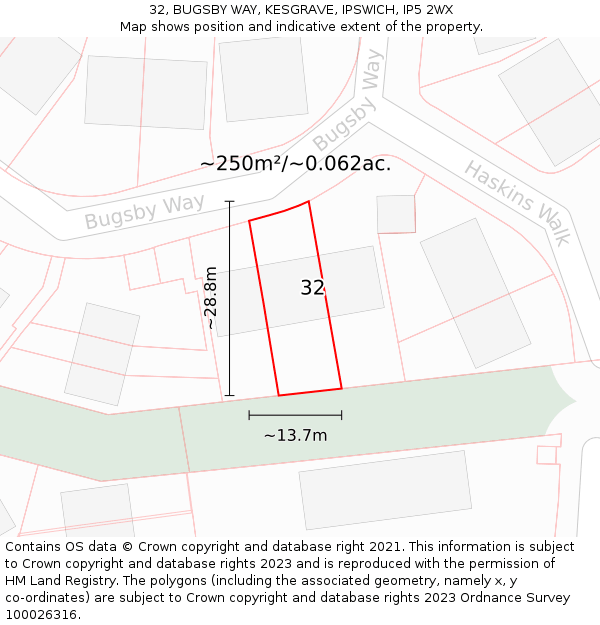 32, BUGSBY WAY, KESGRAVE, IPSWICH, IP5 2WX: Plot and title map