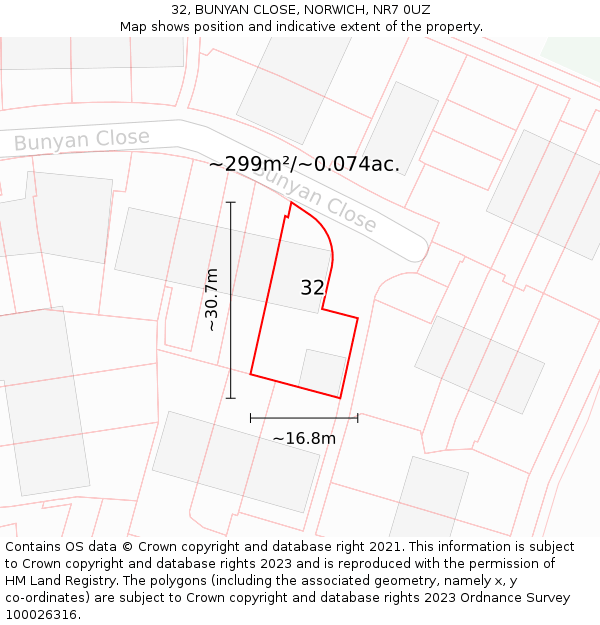 32, BUNYAN CLOSE, NORWICH, NR7 0UZ: Plot and title map