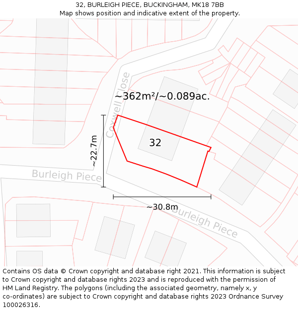 32, BURLEIGH PIECE, BUCKINGHAM, MK18 7BB: Plot and title map