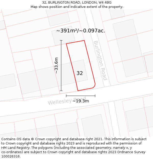 32, BURLINGTON ROAD, LONDON, W4 4BG: Plot and title map