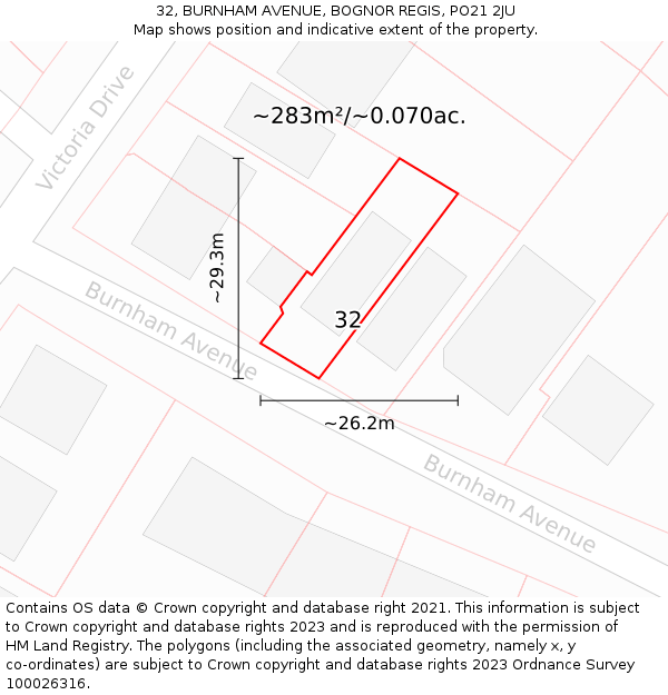 32, BURNHAM AVENUE, BOGNOR REGIS, PO21 2JU: Plot and title map