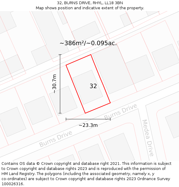 32, BURNS DRIVE, RHYL, LL18 3BN: Plot and title map