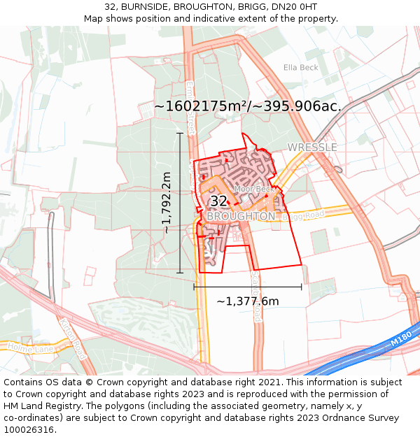 32, BURNSIDE, BROUGHTON, BRIGG, DN20 0HT: Plot and title map