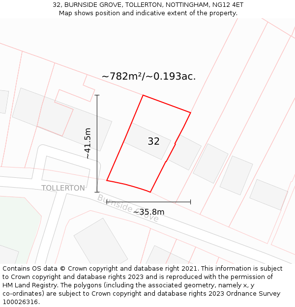 32, BURNSIDE GROVE, TOLLERTON, NOTTINGHAM, NG12 4ET: Plot and title map