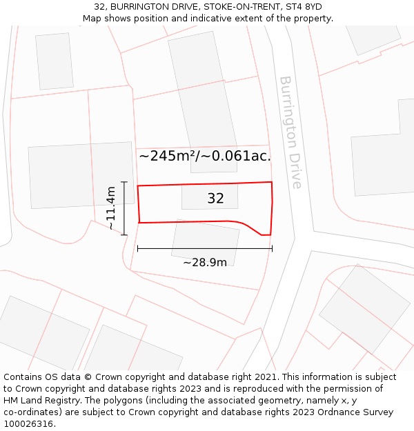 32, BURRINGTON DRIVE, STOKE-ON-TRENT, ST4 8YD: Plot and title map