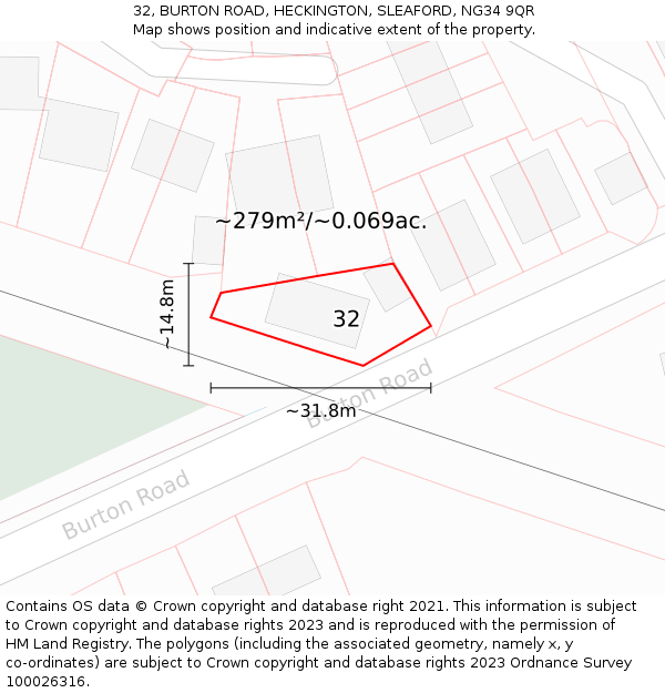 32, BURTON ROAD, HECKINGTON, SLEAFORD, NG34 9QR: Plot and title map