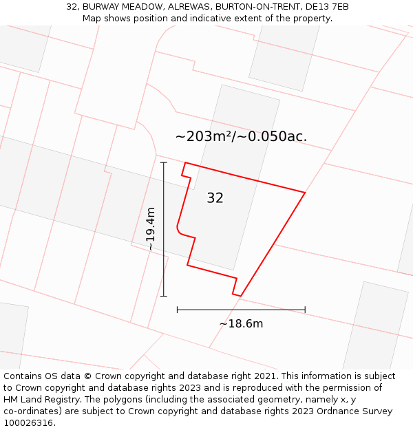 32, BURWAY MEADOW, ALREWAS, BURTON-ON-TRENT, DE13 7EB: Plot and title map