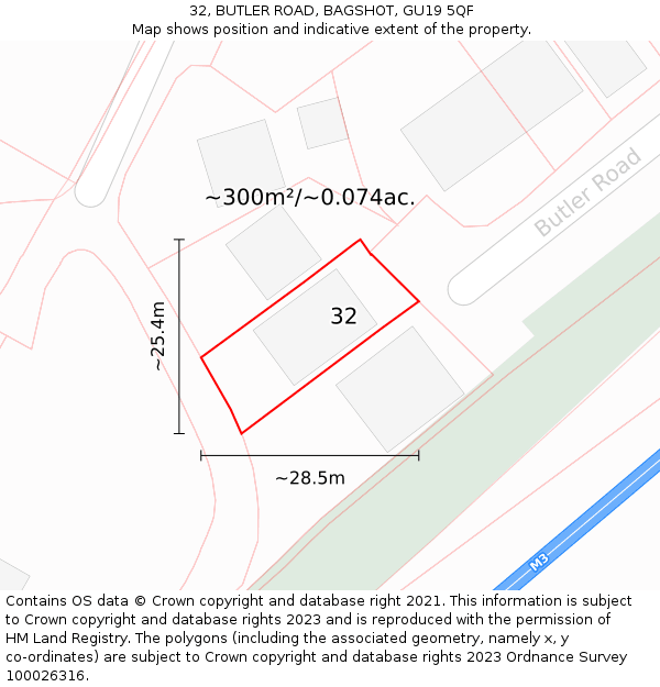 32, BUTLER ROAD, BAGSHOT, GU19 5QF: Plot and title map