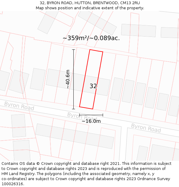 32, BYRON ROAD, HUTTON, BRENTWOOD, CM13 2RU: Plot and title map