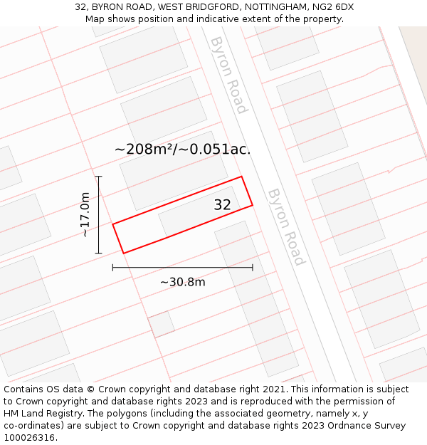 32, BYRON ROAD, WEST BRIDGFORD, NOTTINGHAM, NG2 6DX: Plot and title map