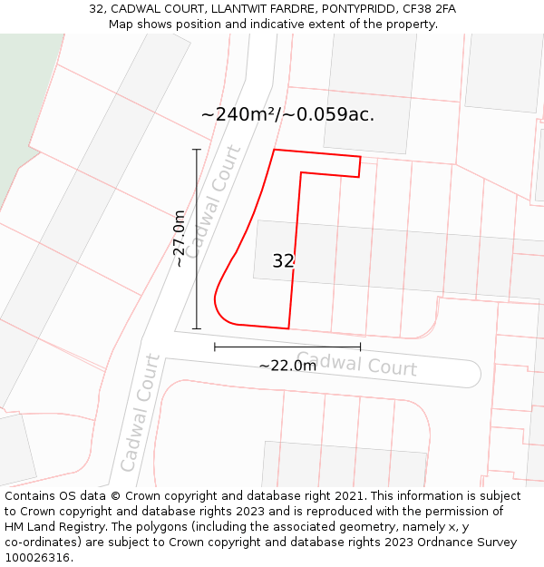 32, CADWAL COURT, LLANTWIT FARDRE, PONTYPRIDD, CF38 2FA: Plot and title map