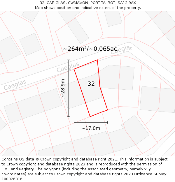 32, CAE GLAS, CWMAVON, PORT TALBOT, SA12 9AX: Plot and title map