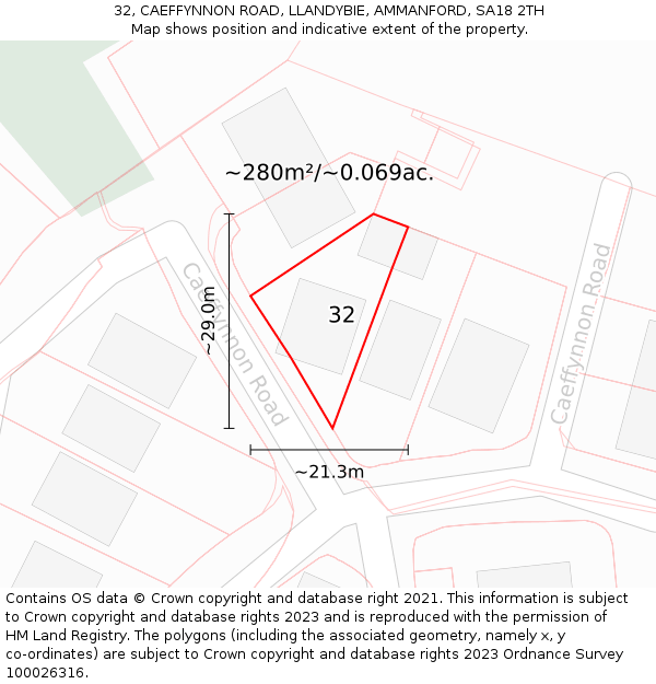 32, CAEFFYNNON ROAD, LLANDYBIE, AMMANFORD, SA18 2TH: Plot and title map