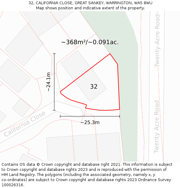 32, CALIFORNIA CLOSE, GREAT SANKEY, WARRINGTON, WA5 8WU: Plot and title map