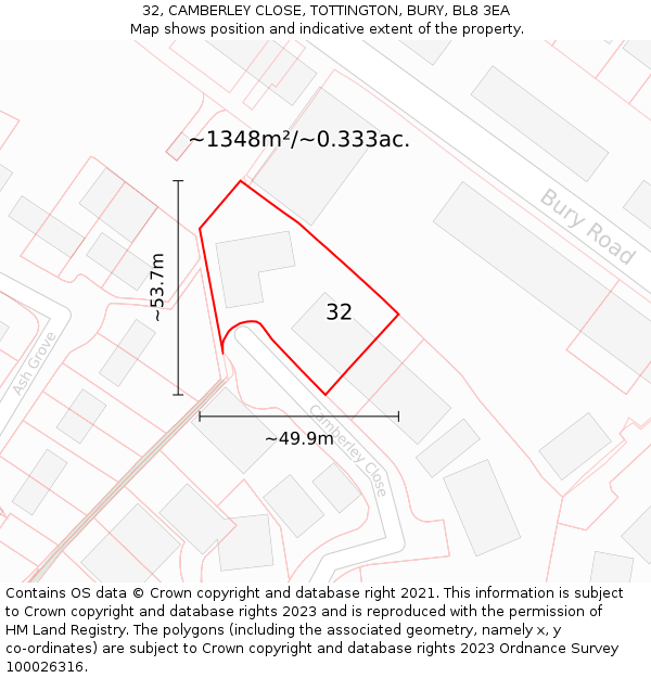 32, CAMBERLEY CLOSE, TOTTINGTON, BURY, BL8 3EA: Plot and title map