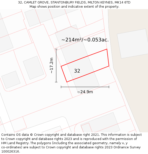 32, CAMLET GROVE, STANTONBURY FIELDS, MILTON KEYNES, MK14 6TD: Plot and title map