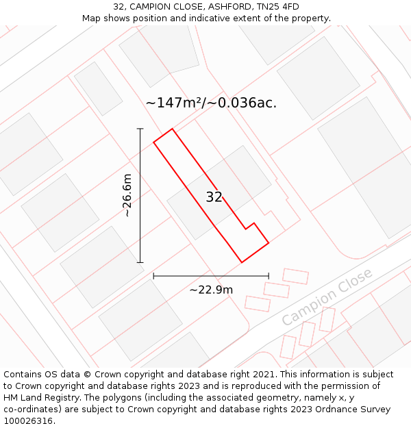 32, CAMPION CLOSE, ASHFORD, TN25 4FD: Plot and title map