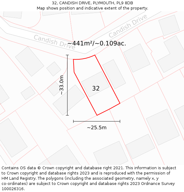 32, CANDISH DRIVE, PLYMOUTH, PL9 8DB: Plot and title map