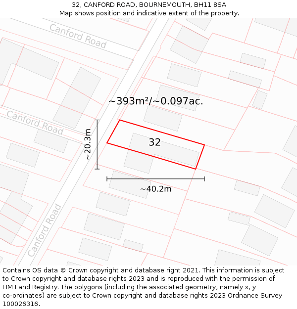 32, CANFORD ROAD, BOURNEMOUTH, BH11 8SA: Plot and title map