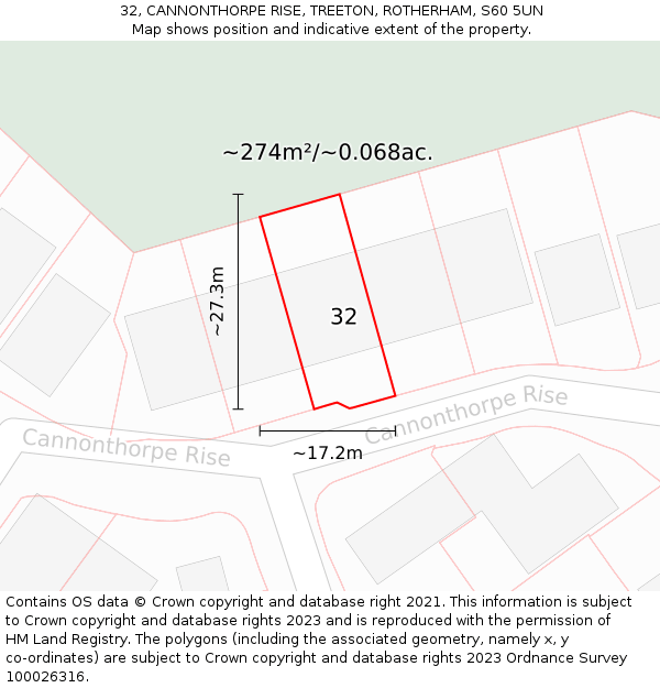 32, CANNONTHORPE RISE, TREETON, ROTHERHAM, S60 5UN: Plot and title map