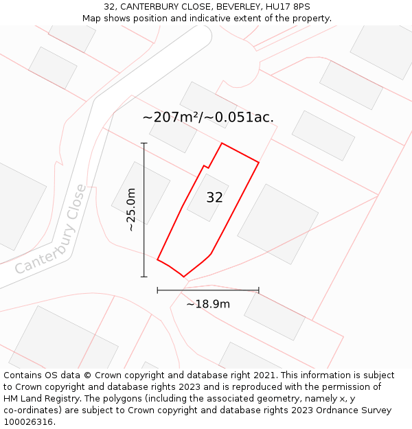 32, CANTERBURY CLOSE, BEVERLEY, HU17 8PS: Plot and title map