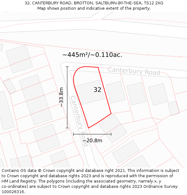 32, CANTERBURY ROAD, BROTTON, SALTBURN-BY-THE-SEA, TS12 2XG: Plot and title map