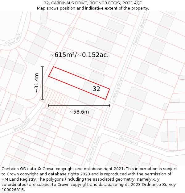 32, CARDINALS DRIVE, BOGNOR REGIS, PO21 4QF: Plot and title map