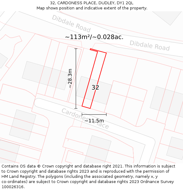32, CARDONESS PLACE, DUDLEY, DY1 2QL: Plot and title map