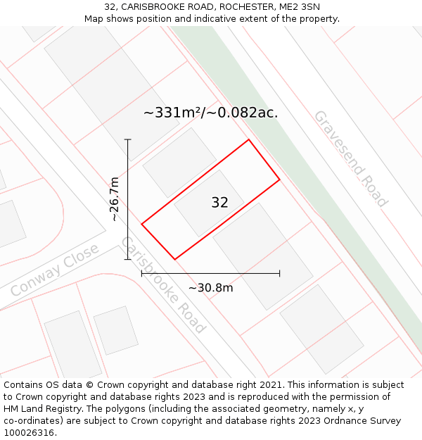 32, CARISBROOKE ROAD, ROCHESTER, ME2 3SN: Plot and title map