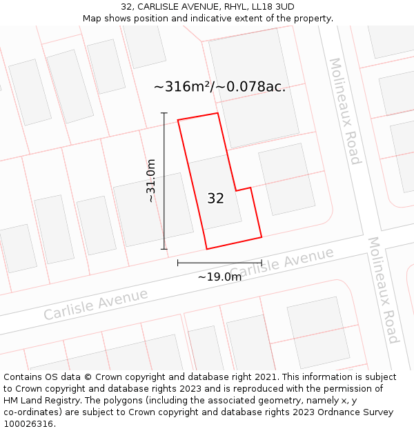 32, CARLISLE AVENUE, RHYL, LL18 3UD: Plot and title map