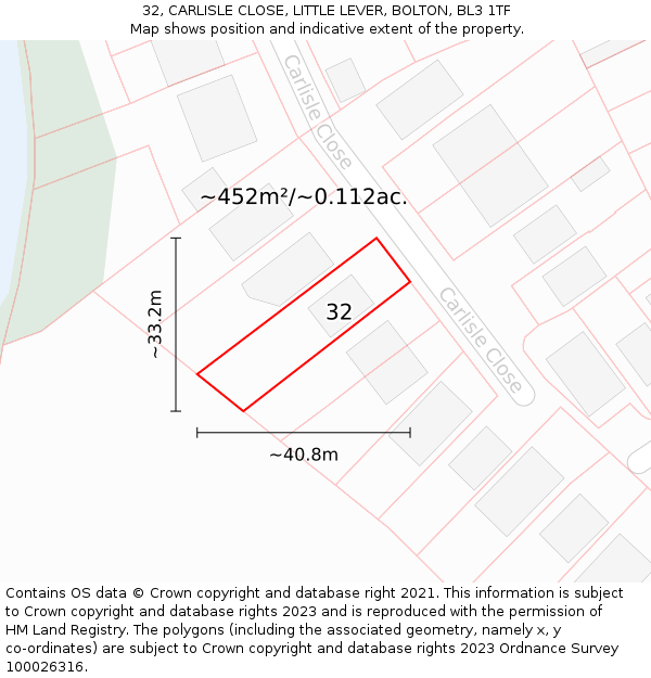 32, CARLISLE CLOSE, LITTLE LEVER, BOLTON, BL3 1TF: Plot and title map