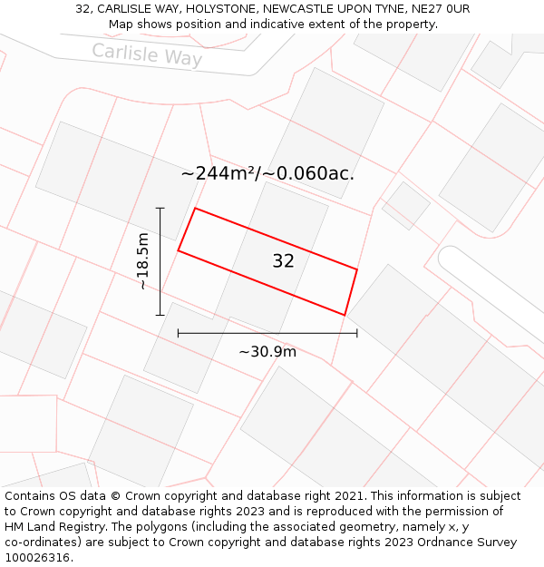 32, CARLISLE WAY, HOLYSTONE, NEWCASTLE UPON TYNE, NE27 0UR: Plot and title map