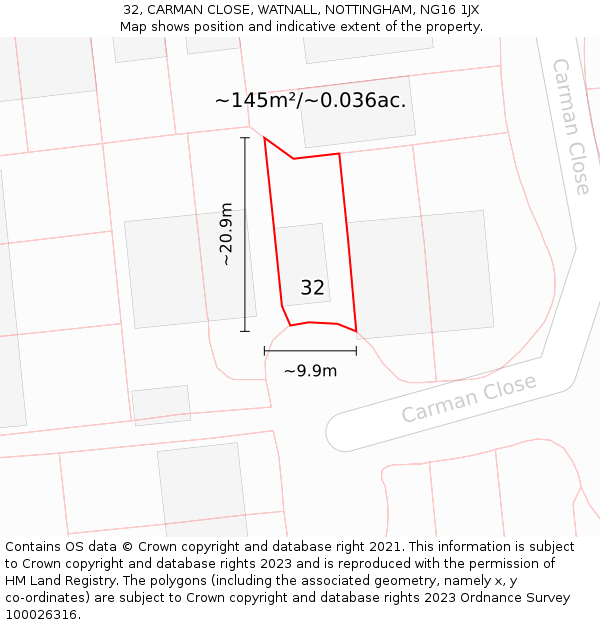 32, CARMAN CLOSE, WATNALL, NOTTINGHAM, NG16 1JX: Plot and title map