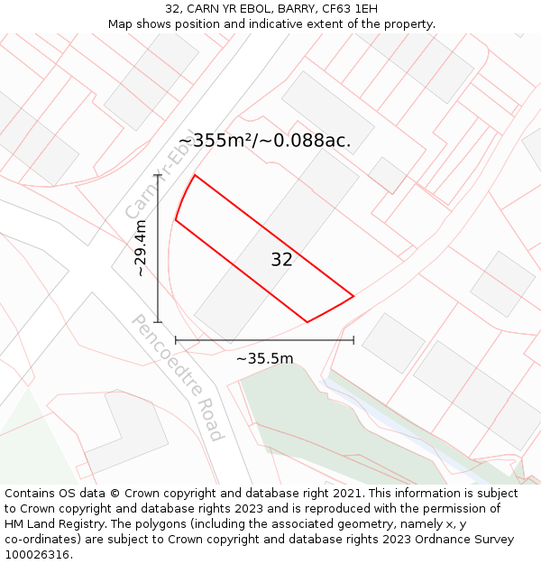 32, CARN YR EBOL, BARRY, CF63 1EH: Plot and title map