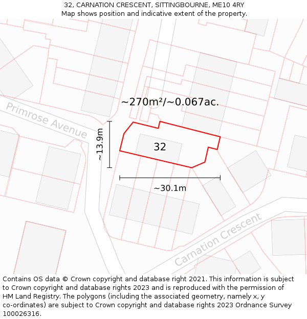 32, CARNATION CRESCENT, SITTINGBOURNE, ME10 4RY: Plot and title map