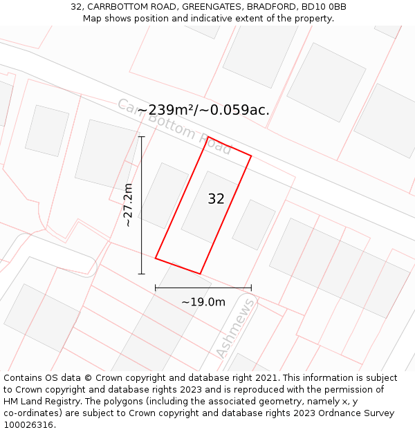32, CARRBOTTOM ROAD, GREENGATES, BRADFORD, BD10 0BB: Plot and title map