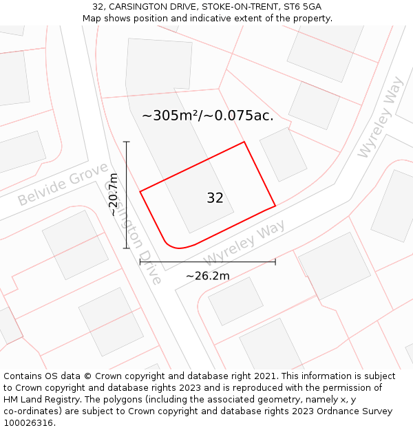 32, CARSINGTON DRIVE, STOKE-ON-TRENT, ST6 5GA: Plot and title map