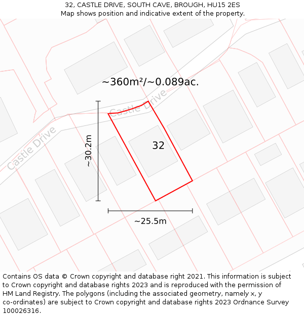 32, CASTLE DRIVE, SOUTH CAVE, BROUGH, HU15 2ES: Plot and title map