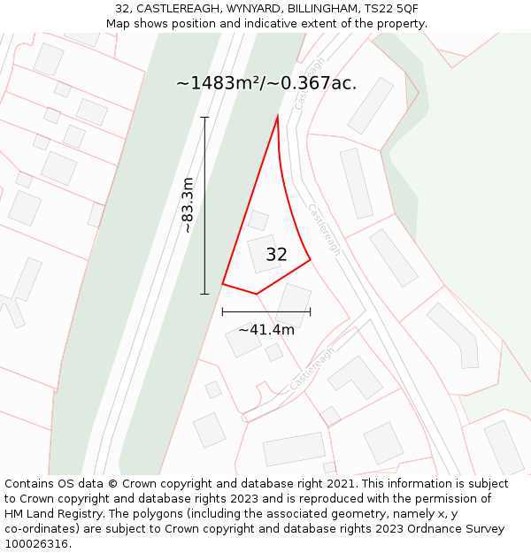 32, CASTLEREAGH, WYNYARD, BILLINGHAM, TS22 5QF: Plot and title map