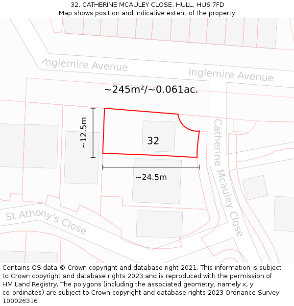 32, CATHERINE MCAULEY CLOSE, HULL, HU6 7FD: Plot and title map