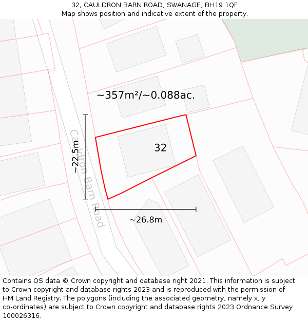 32, CAULDRON BARN ROAD, SWANAGE, BH19 1QF: Plot and title map