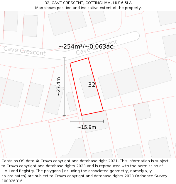 32, CAVE CRESCENT, COTTINGHAM, HU16 5LA: Plot and title map