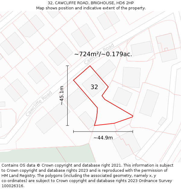 32, CAWCLIFFE ROAD, BRIGHOUSE, HD6 2HP: Plot and title map