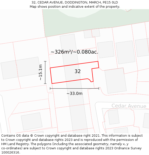 32, CEDAR AVENUE, DODDINGTON, MARCH, PE15 0LD: Plot and title map