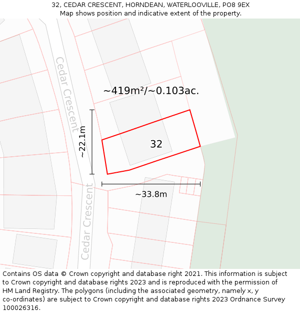 32, CEDAR CRESCENT, HORNDEAN, WATERLOOVILLE, PO8 9EX: Plot and title map