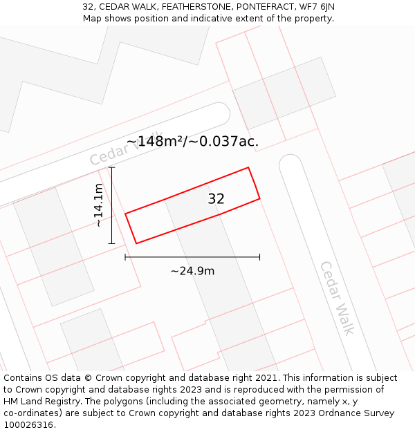 32, CEDAR WALK, FEATHERSTONE, PONTEFRACT, WF7 6JN: Plot and title map