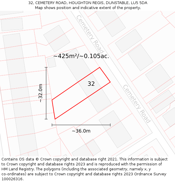 32, CEMETERY ROAD, HOUGHTON REGIS, DUNSTABLE, LU5 5DA: Plot and title map