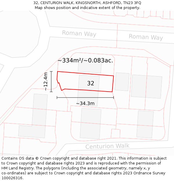 32, CENTURION WALK, KINGSNORTH, ASHFORD, TN23 3FQ: Plot and title map