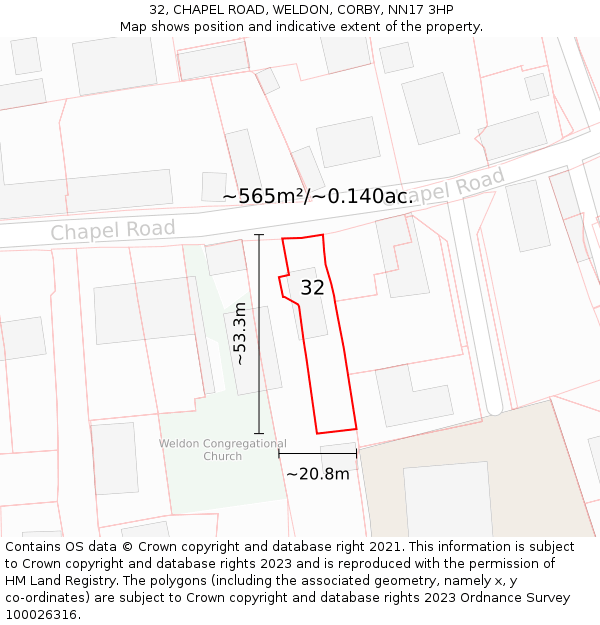 32, CHAPEL ROAD, WELDON, CORBY, NN17 3HP: Plot and title map
