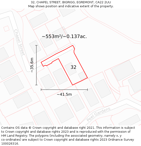 32, CHAPEL STREET, BIGRIGG, EGREMONT, CA22 2UU: Plot and title map